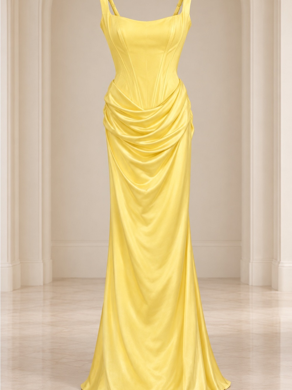 Yellow Satin Draped Maxi Dress with Sculpted Bodice